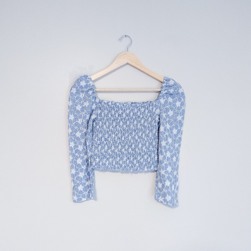 Fashion Nova Baby Blue Smocked Eyelet Top